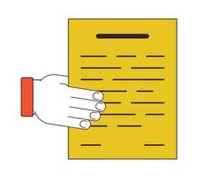 Hand gives paper blank flat line color isolated vector object. Share information. Editable clip art image on white background. Simple outline cartoon spot illustration for web design