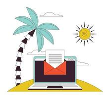 Email on laptop flat line color isolated vector object. Online communication at vacation. Editable clip art image on white background. Simple outline cartoon spot illustration for web design