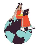 Hispanic woman sitting on planet flat line concept vector spot illustration. Remote work. Freelancer 2D cartoon outline character on white for web UI design. Editable isolated color hero image