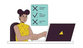 Work checklist for freelancer flat line concept vector spot illustration. Busy girl working on laptop 2D cartoon outline character on white for web UI design. Editable isolated color hero image