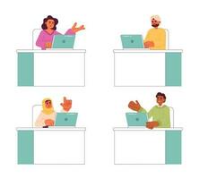 Multicultural workers at office semi flat concept vector spot illustrations set. People sitting at desk 2D cartoon characters on white for web UI design. Isolated editable creative hero image