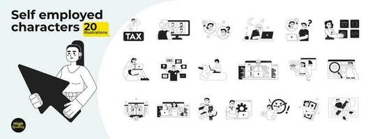 Freelancers with laptops monochrome concept vector spot illustrations bundle. Self employed 2D flat bw cartoon characters for web UI design. Isolated editable hand drawn hero image collection