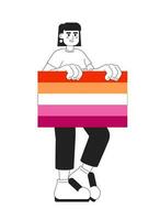 Happy brunette woman holds lesbian pride flag monochromatic flat vector character. LGBT community. Editable thin line full body lesbian on white. Simple bw cartoon spot image for web graphic design