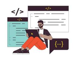 Programmer sitting with laptop flat line concept vector spot illustration. Freelancer 2D cartoon outline character on white for web UI design. Editable isolated color hero image