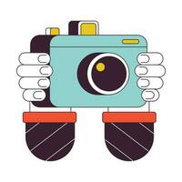 Professional photographer camera flat line color isolated vector object. Device for taking photos. Editable clip art image on white background. Simple outline cartoon spot illustration for web design