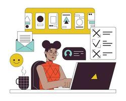 Multitasks freelancer flat line concept vector spot illustration. Remote work. Busy woman working on laptop 2D cartoon outline character on white for web UI design. Editable isolated color hero image