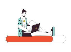 Caucasian freelancer with laptop on loading bar flat design. Remote work on vacation. Web loader ui ux. Please wait. Graphical user interface. Cartoon vector illustration on white background