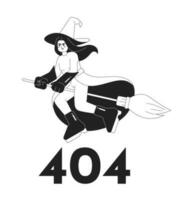 Witchcraft black white error 404 flash message. Evil witch flying on broomstick. Empty state ui design. Page not found popup cartoon image. Vector flat illustration concept on white background