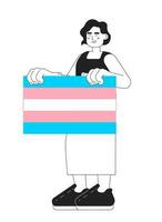 Woman support transgender community monochromatic flat vector character. Editable thin line full body lady holds pride flag on white. Simple bw cartoon spot image for web graphic design