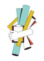 Hand holds equipment flat line color isolated vector object. Paper, scrolls, rulers and tablet. Editable clip art image on white background. Simple outline cartoon spot illustration for web design