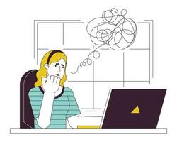 Anxious woman working at office flat line concept vector spot illustration. Freelancer 2D cartoon outline character on white for web UI design. Editable isolated color hero image