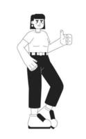 Attractive dark haired woman showx thumb up monochromatic flat vector character. Editable thin line full body lady in trendy outfit on white. Simple bw cartoon spot image for web graphic design