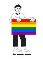 Happy young man supports lgbt community monochromatic flat vector character. Editable thin line full body man holds lgbt pride flag on white. Simple bw cartoon spot image for web graphic design