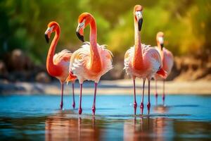 Graceful Flamingos Wading in Caribbean Waters  Tropical Wildlife Birds, Ai Generative photo