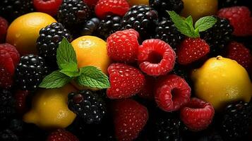 delicioso y nutritivo vistoso verano frutas a el agricultores' mercado, ai generativo foto