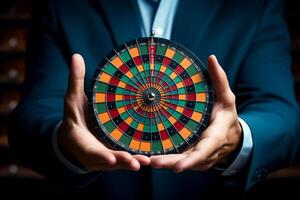 Businessman Aiming for Success Concept of Money, Dart Board, and Target photo