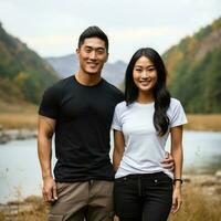 Illustration of a couple fashion portrait with plain t-shirt mockup, AI Generated photo