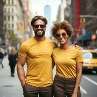 Illustration of a couple fashion portrait with plain t-shirt mockup, AI Generated photo