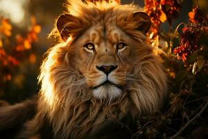 el Rey de el selva - un poderoso león en sus natural hábitat, ai generativo foto