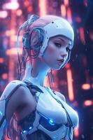 Illustration of a cyborg woman and Ai technology background , AI Generated photo