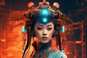 Illustration of a cyborg woman and Ai technology background , AI Generated photo