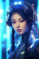 Illustration of a cyborg woman and Ai technology background , photo