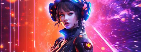 Illustration of a cyborg woman and Ai technology background , photo