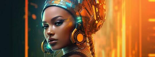 Illustration of a cyborg woman and Ai technology background , AI Generated photo