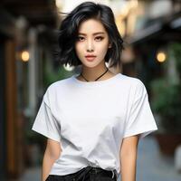 Illustration of a fashion portrait with plain t-shirt mockup.. photo