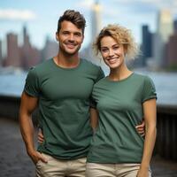 Illustration of a couple fashion portrait with plain t-shirt mockup, AI Generated photo