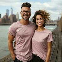 Illustration of a couple fashion portrait with plain t-shirt mockup, AI Generated photo