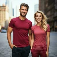 Illustration of a couple fashion portrait with plain t-shirt mockup, AI Generated photo