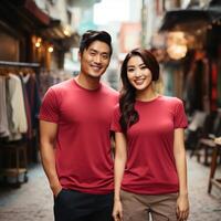 Illustration of a couple fashion portrait with plain t-shirt mockup, AI Generated photo