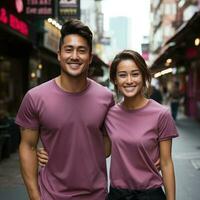 Illustration of a couple fashion portrait with plain t-shirt mockup, AI Generated photo