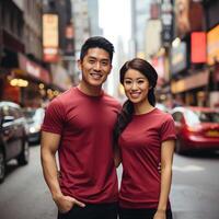 Illustration of a couple fashion portrait with plain t-shirt mockup, AI Generated photo