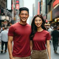 Illustration of a couple fashion portrait with plain t-shirt mockup, AI Generated photo