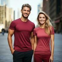 Illustration of a couple fashion portrait with plain t-shirt mockup, AI Generated photo