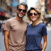 Illustration of a couple fashion portrait with plain t-shirt mockup, AI Generated photo