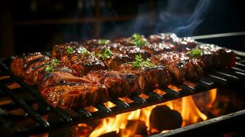 A la parrilla carne deleite auténtico brasileño parilla en el parrilla, un suntuoso banquete para comida amantes, ai generativo foto