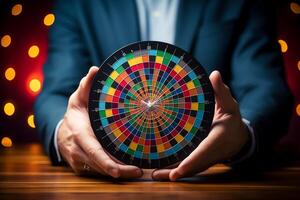 AI Generated Businessman Aiming for Success  Concept of Money, Dart Board, and Target photo