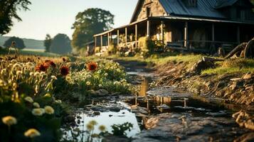 Embracing the Authenticity of Rural Life Rustic Furniture and Serene Countryside Atmosphere, Ai Generative photo