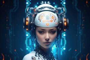 ilustración de un cyborg mujer y ai tecnología antecedentes , ai generado foto