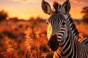 agraciado cebra pasto en el africano sabana - fauna silvestre fotografía, ai generativo foto