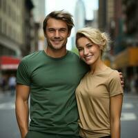 Illustration of a couple fashion portrait with plain t-shirt mockup, AI Generated photo