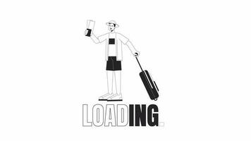 Reisender mit Fluggesellschaft Tickets Tragen Gepäck bw Wird geladen Animation. gehen auf Ferien linear 2d Karikatur Charakter 4k Video Wird geladen Bewegung Grafik. Flug animiert gif isoliert auf Weiß Hintergrund