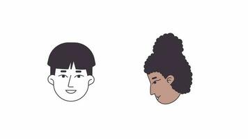 Satisfied delighted line 2D avatars icons animation set. Flat linear cartoon 4K video pack, alpha channel. Bowl cut man, messy bun black lady animated people facial expressions on white background