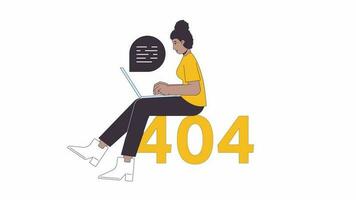 Programmer typing laptop 404 error animation. It developer code error message gif, motion graphic. Black woman programming animated cartoon line character 4K video isolated on white background