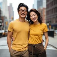 Illustration of a couple fashion portrait with plain t-shirt mockup, AI Generated photo