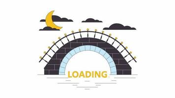 Stone bridge over river in moonlight line 2D loading animation. Stone arch bridge in cloudy nighttime animated cartoon linear scene 4K video loading motion graphic. Moon night sky download process gif