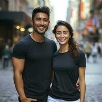 Illustration of a couple fashion portrait with plain t-shirt mockup, AI Generated photo